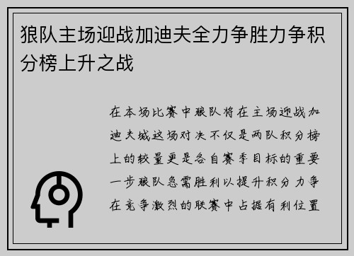 狼队主场迎战加迪夫全力争胜力争积分榜上升之战